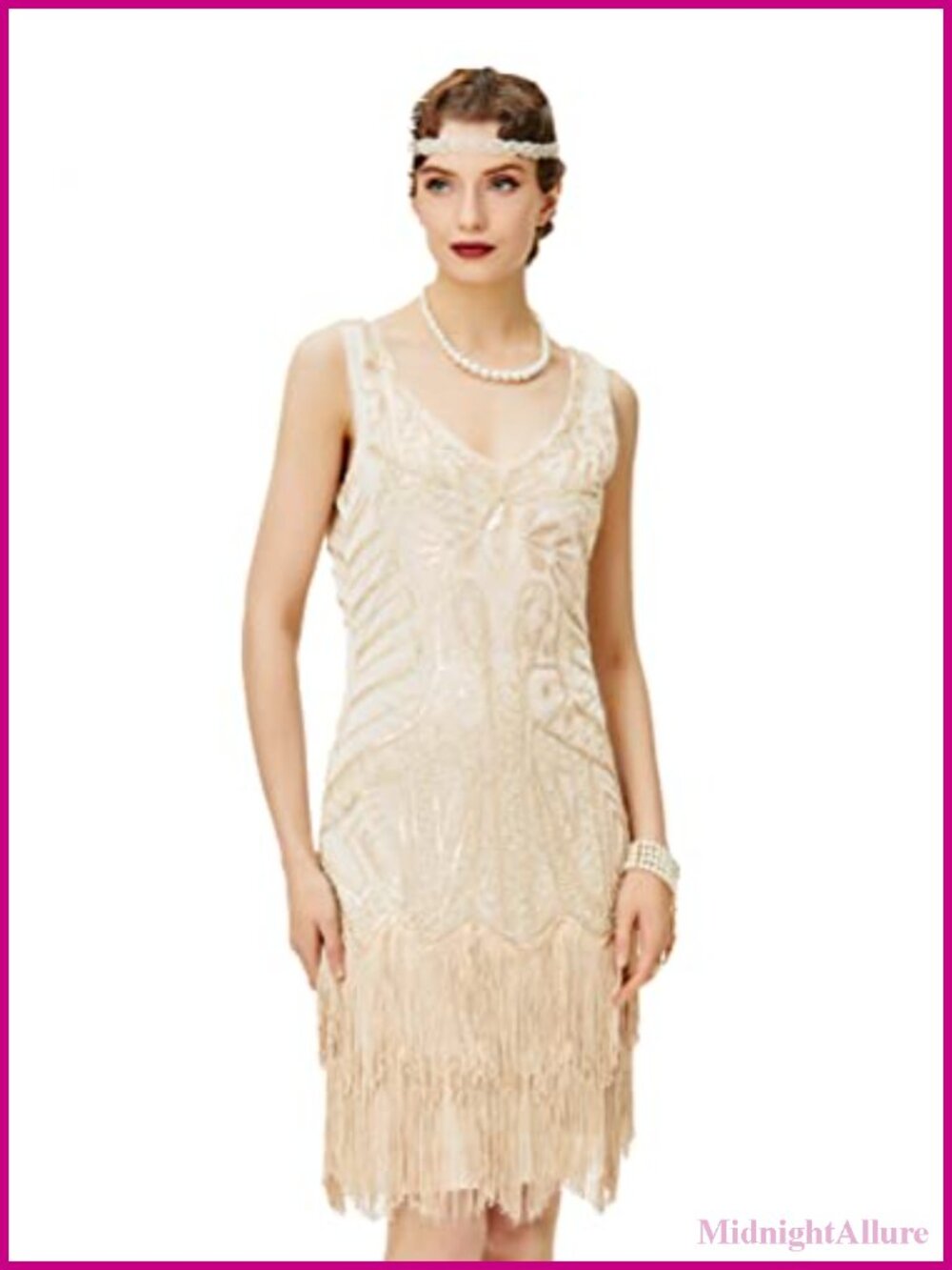 1920s V-Neck Beaded Fringe Sequin Cocktail Gatsby Flapper Midi Dress